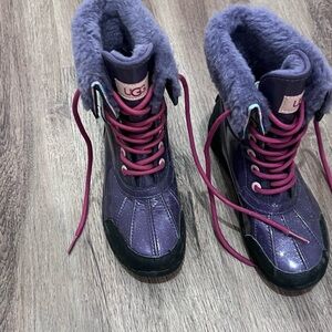 UGG Kids Shiny Purple Boots with Pink Laces